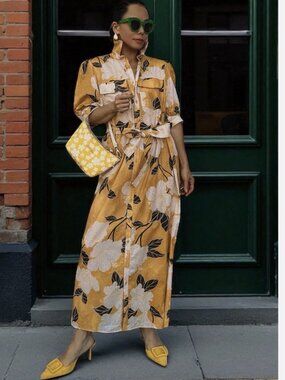 Zara Women's Yellow Floral Button-Down Maxi Shirt Dress 2183/013 L XL NWT